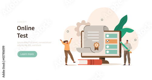 People characters solving educational test and receiving graduation certificate. Students successfully ending online courses. Distance learning and online education concept. Flat cartoon vector illust