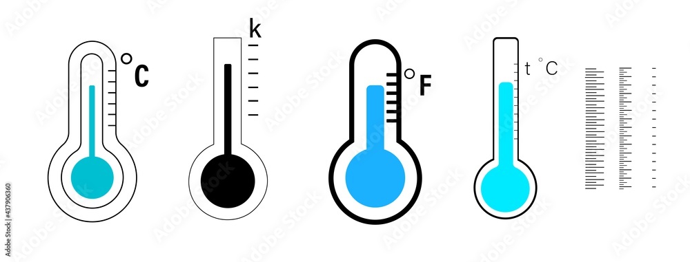A set of thermometers. Simple icons. Instrument for measuring temperature. Air heating level indicator, human body.
Degree Celsius, Faringate, Kelvin. Vector image. A set of thermometers. Simple icons. Instrument for measuring temperature. Air heating level indicator, human body.
Degree Celsius, Faringate, Kelvin. Vector image.