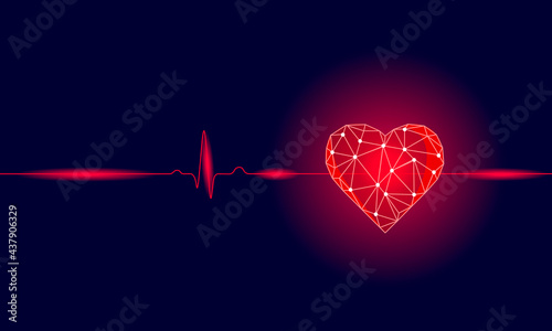 Healthy human heart beats 3d medicine model low poly. Triangle connected dots glow point red background. Pulse internal body modern anatomical shape innovative technology render vector illustration