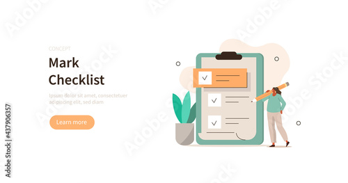 Character holding pencil and filling big checklist. Woman putting check mark on checklist in survey form. Business organization and planning concept. Flat cartoon vector illustration. photo