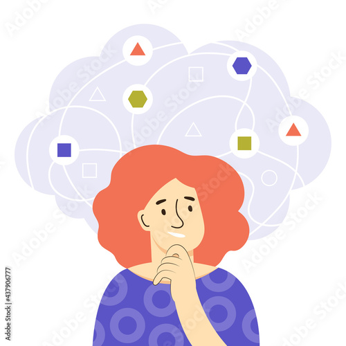 A young woman thinks about solving problems. Mind behavior concept. Decision making and logical thinking in difficult tasks. Problem management with analysis skills. Color flat vector illustration.