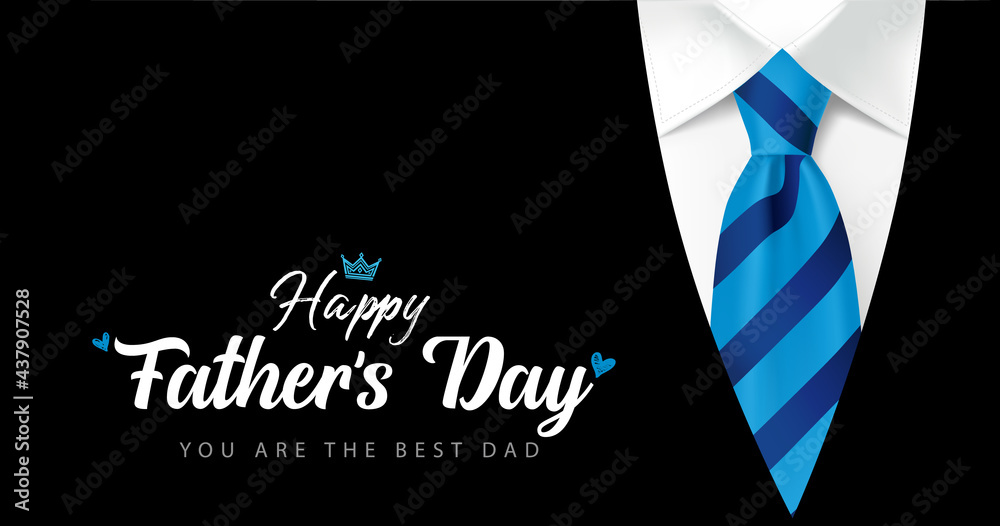 Naklejka premium Happy Fathers Day You are the best Dad calligraphy with blue striped necktie and men's suit. Father's day vector greeting illustration with hand drawn lettering, elegant striped tie and black costume