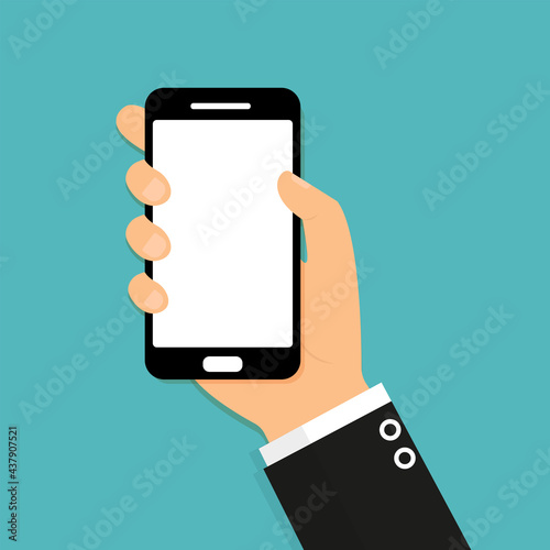 Hand holding smart phone. Flat design icon. Vector illustration