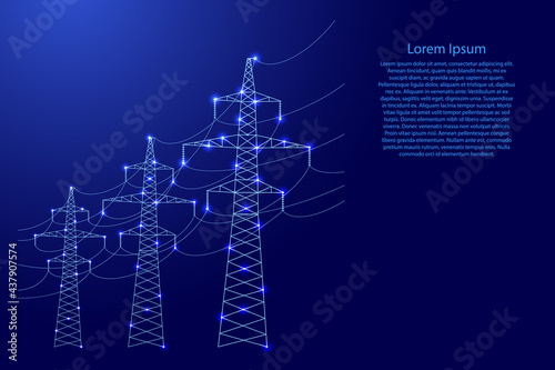 Power line, metal towers with wires from blue lines and glowing stars for banner, poster, greeting card. Vector illustration.