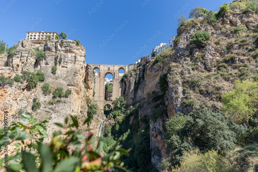Ronda city situated in province of Malaga, Andalucía. Ronda was first settled by the early Celts in the sixth century BC. Touristic travel destination in Spain. View of the new bridge