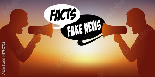 Concept des rumeurs sur les réseaux sociaux face aux faits avérés, avec deux hommes face à face qui, s’opposent sur le thème des fake-news.
