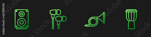 Set line Trumpet, Stereo speaker, Air headphones and Drum. Gradient color icons. Vector