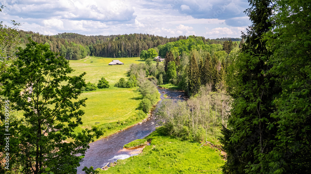 Quiet and green summer landscape with river, trees, houses, stones and summer sun, in Latvia by the Amata river and Zvārgzde rock