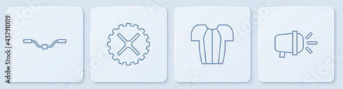 Set line Bicycle handlebar, Cycling t-shirt, sprocket crank and head lamp. White square button. Vector