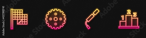 Set line Bicycle air pump, Checkered flag, sprocket crank and Award over sports winner podium. Glowing neon icon. Vector