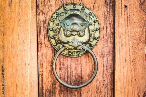  Close up Old chinese door with Giant lion heads made of brass on wooden door 