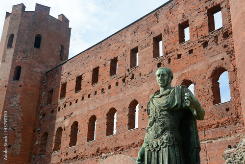  the statue of Julius Caesar in front of the Porta Palatina which was the Porta Principalis Dextera of Augusta Taurinorum, or the Roman civitas now known as Turin.