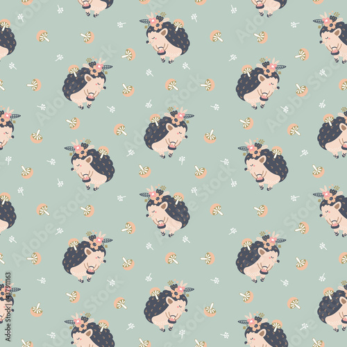 Seamless vector pattern with cute forest animals hedgehogs with flowers and mushrooms. Creative animal texture. Great for baby fabrics, textiles and designs