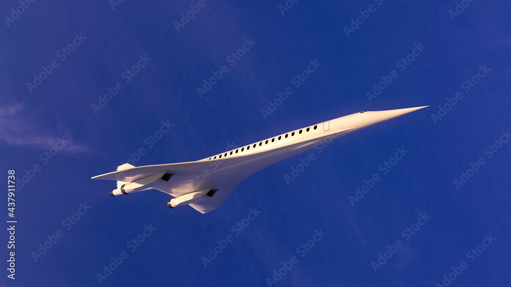 Supersonic flight, the plane to travel faster than ever. Unlike other commercial flights, it has double the speed. 3d render Supersonic flight, the plane to travel faster than ever. Unlike other commercial flights, it has double the speed. 3d render