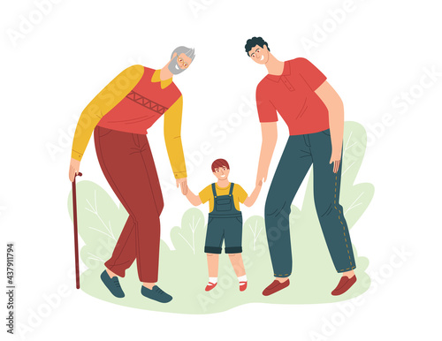 Vector color illustration in flat style isolated on white background. Grandfather father and grandson are walking in the park.  Different generations. Old man, middle-aged man and child.