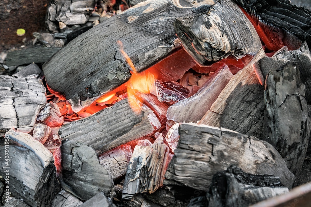 Tongues of orange fire among lumps of black birch coal. Tongues of orange fire among lumps of black birch coal.