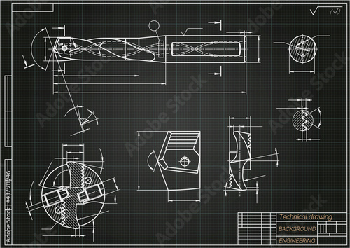 Mechanical engineering drawings on blue background. Drill tools, borer. Technical Design. Cover. Blueprint. Vector illustration.