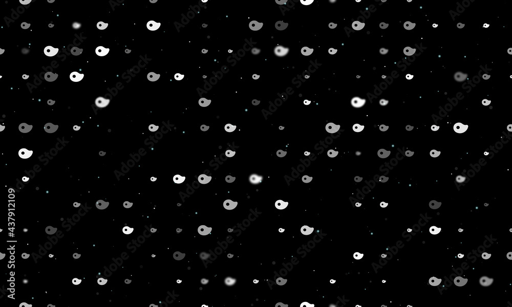 Seamless background pattern of evenly spaced white steak symbols of different sizes and opacity. Vector illustration on black background with stars Seamless background pattern of evenly spaced white steak symbols of different sizes and opacity. Vector illustration on black background with stars
