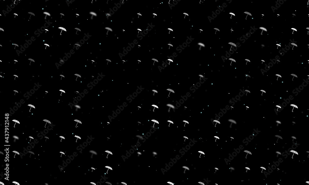 Seamless background pattern of evenly spaced white umbrella symbols of different sizes and opacity. Vector illustration on black background with stars Seamless background pattern of evenly spaced white umbrella symbols of different sizes and opacity. Vector illustration on black background with stars