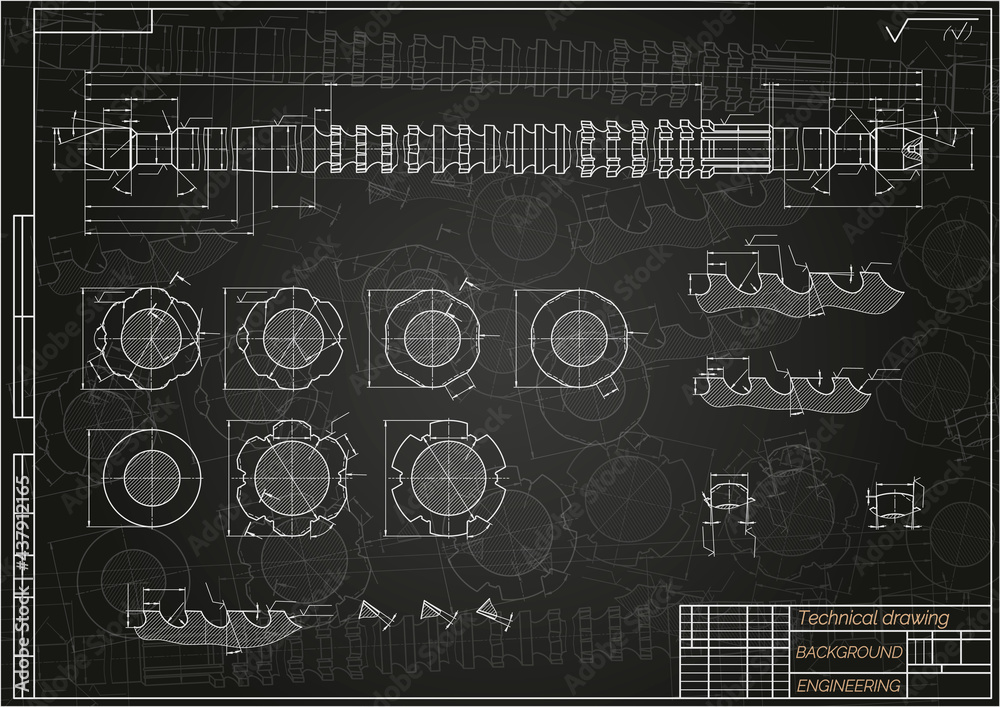 Fototapeta premium Mechanical engineering drawings on blue background. Broach. Technical Design. Cover. Blueprint. Vector illustration.
