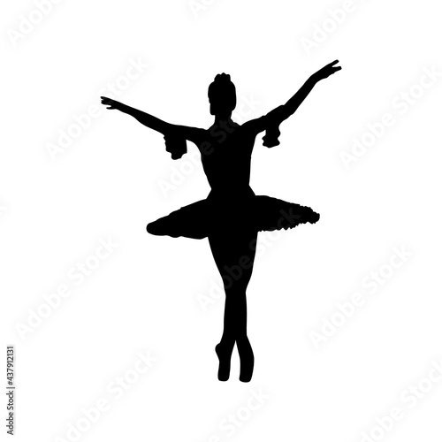 Silhouette of a ballerina on stage in black on a white background.