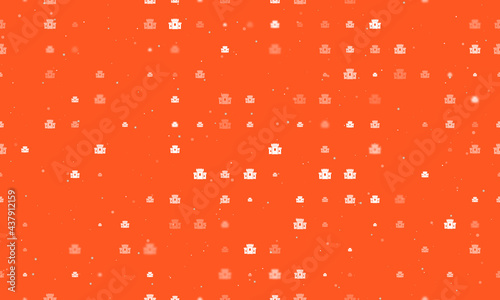 Seamless background pattern of evenly spaced white castle symbols of different sizes and opacity. Vector illustration on deep orange background with stars