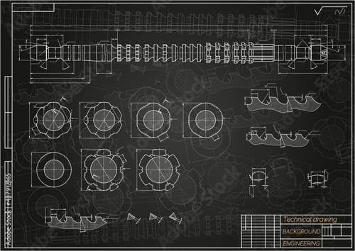 Mechanical engineering drawings on blue background. Broach. Technical Design. Cover. Blueprint. Vector illustration.