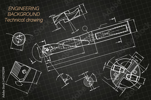 Mechanical engineering drawings on blue background. Drill tools, borer. Technical Design. Cover. Blueprint. Vector illustration.