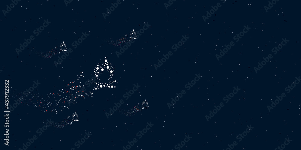 A bonfire symbol filled with dots flies through the stars leaving a trail behind. Four small symbols around. Empty space for text on the right. Vector illustration on dark blue background with stars A bonfire symbol filled with dots flies through the stars leaving a trail behind. Four small symbols around. Empty space for text on the right. Vector illustration on dark blue background with stars