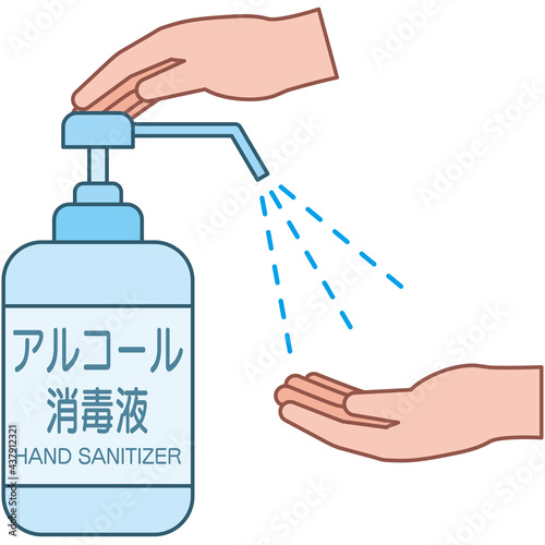 手指消毒剤で手を消毒するイラスト（線あり）