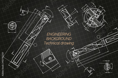 Mechanical engineering drawings on blue background. Drill tools, borer. Technical Design. Cover. Blueprint. Vector illustration.