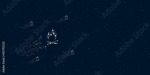 A bonfire symbol filled with dots flies through the stars leaving a trail behind. Four small symbols around. Empty space for text on the right. Vector illustration on dark blue background with stars