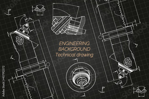 Mechanical engineering drawings on blue background. Boring bar with micrometric adjustment. Technical Design. Cover. Blueprint. Vector illustration.