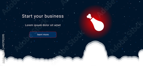 Business startup concept Landing page screen. The chicken's leg symbol on the right is highlighted in bright red. Vector illustration on dark blue background with stars and curly clouds from below