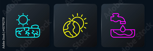 Set line Drought, Water problem and Global warming. Black square button. Vector