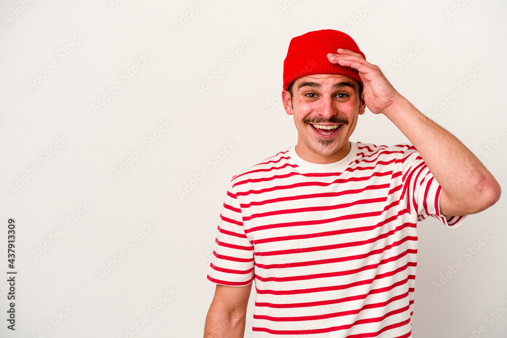 Young caucasian man isolated on white background shouts loud, keeps eyes opened and hands tense. Young caucasian man isolated on white background shouts loud, keeps eyes opened and hands tense.