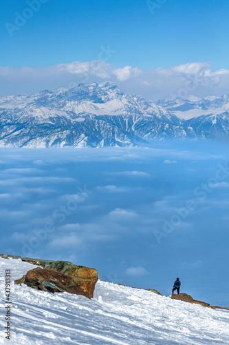 Snow covered himalayan mountain peaks Pir Panjal mountain range, View from Gulmarg, Kashmir photo