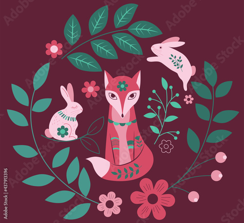 vector illustration of stylized ethnic fox  rabbits and floral elements in pink and green colour scheme