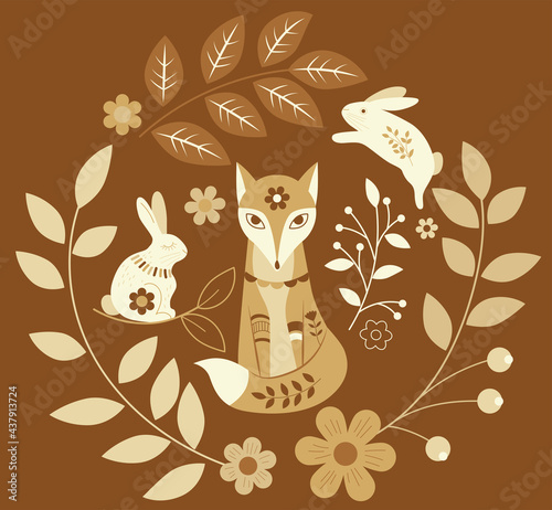 vector illustration of stylized ethnic fox, rabbits and floral elements in yellow colour scheme, sunny and gold colours