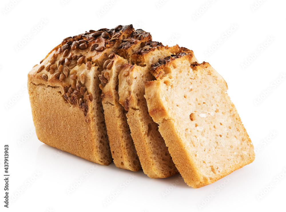 Slices of freshly baked homemade sour dough bread isolated on white background.