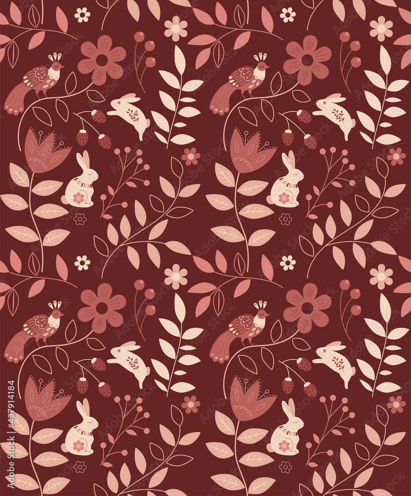 vector seamless pattern of ethnic floral elements rabbits and bird in orange and brown colours dark background, autumn colour scheme