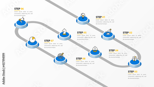 Infographic design template. Timeline concept with 8 steps