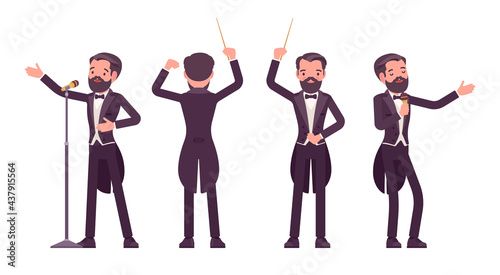 Musician, elegant tuxedo man singing, professional conducter with baton. Classical music event, concert, wedding party performance. Vector flat style cartoon illustration isolated, white background