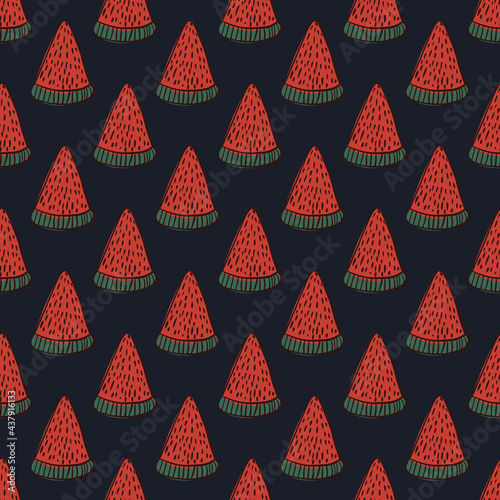 Healthy seamless pattern with red abstract watermelon slice ornament. Black background. Dark berry artwork.