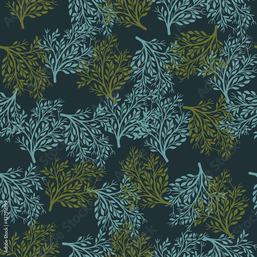 Wallpaper Mural Random green and blue bush seamless pattern in hand drawn style. Dark background. Natural season. Torontodigital.ca
