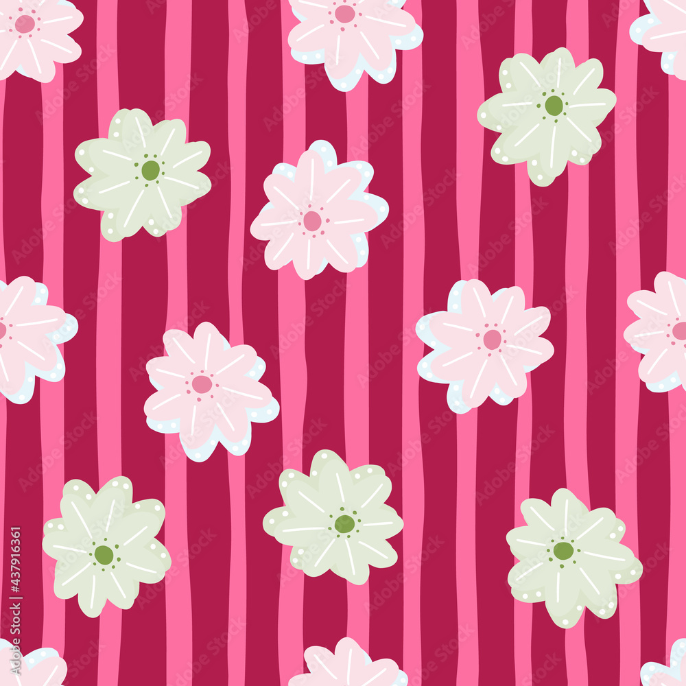 Bright summer seamless pattern with random marguerite flowers print. Pink striped background.