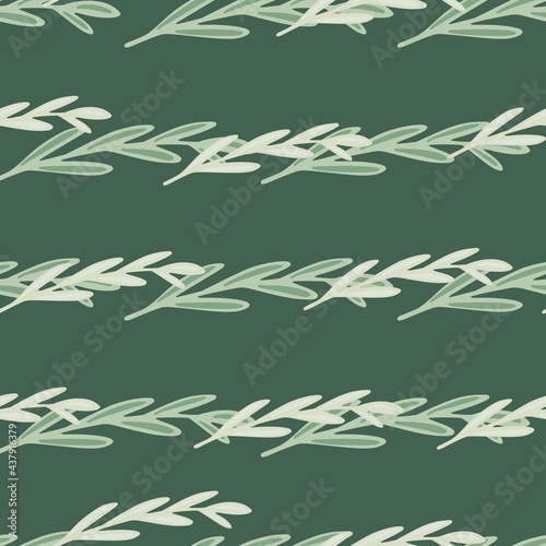 Decorative seamless pattern with doodle floral leaves branches ornament. Green background.