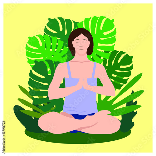 Vector illustration of a meditating person against the background of nature. A woman in the yoga lotus pose.