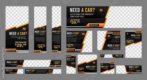 set of Rental Car web banners of standard size with a place for photos. Vertical, horizontal and square template. Vector EPS