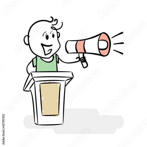 Young orator with megaphone speaking from tribune. Drawing of stick figure man giving a speech on podium. Lecturer speech. Man stands on the stage and speaking or having speech to public or followers.